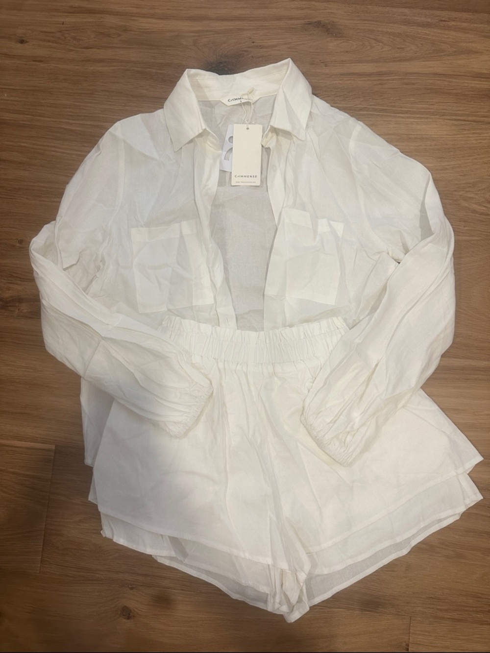 Linen White Sheer Button-Up Shirt & Shorts Set